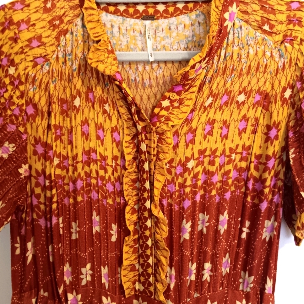 Free People Floral Rare Feelings Maxi Dress Orange & Fuchsia Boho Print Gauze - Picture 5 of 13